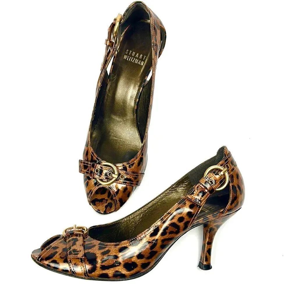 Stuart Weitzman Patent Leather Leopard Animal Print Peep Toe Pumps 6 1/2